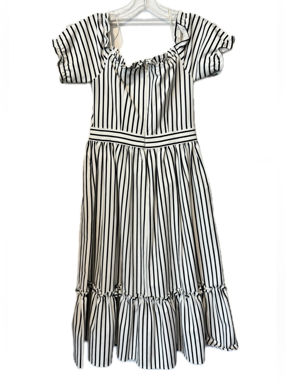 Striped Midi Dress Off Shoulder Corset Style Black White Button Front Ruffle Hem - Picture 3 of 7